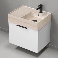 Floating Small Bathroom Vanity, Modern, 24 inch, Travertine Style Sink